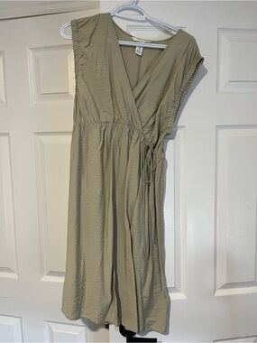Beige Sage Wrap Maternity Dress with Tie Waist